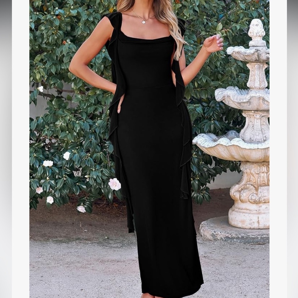 Pretty Garden Black Ruffle Bodycon Maxi Cocktail Sleeveless Dress Size S NWT - Picture 3 of 16